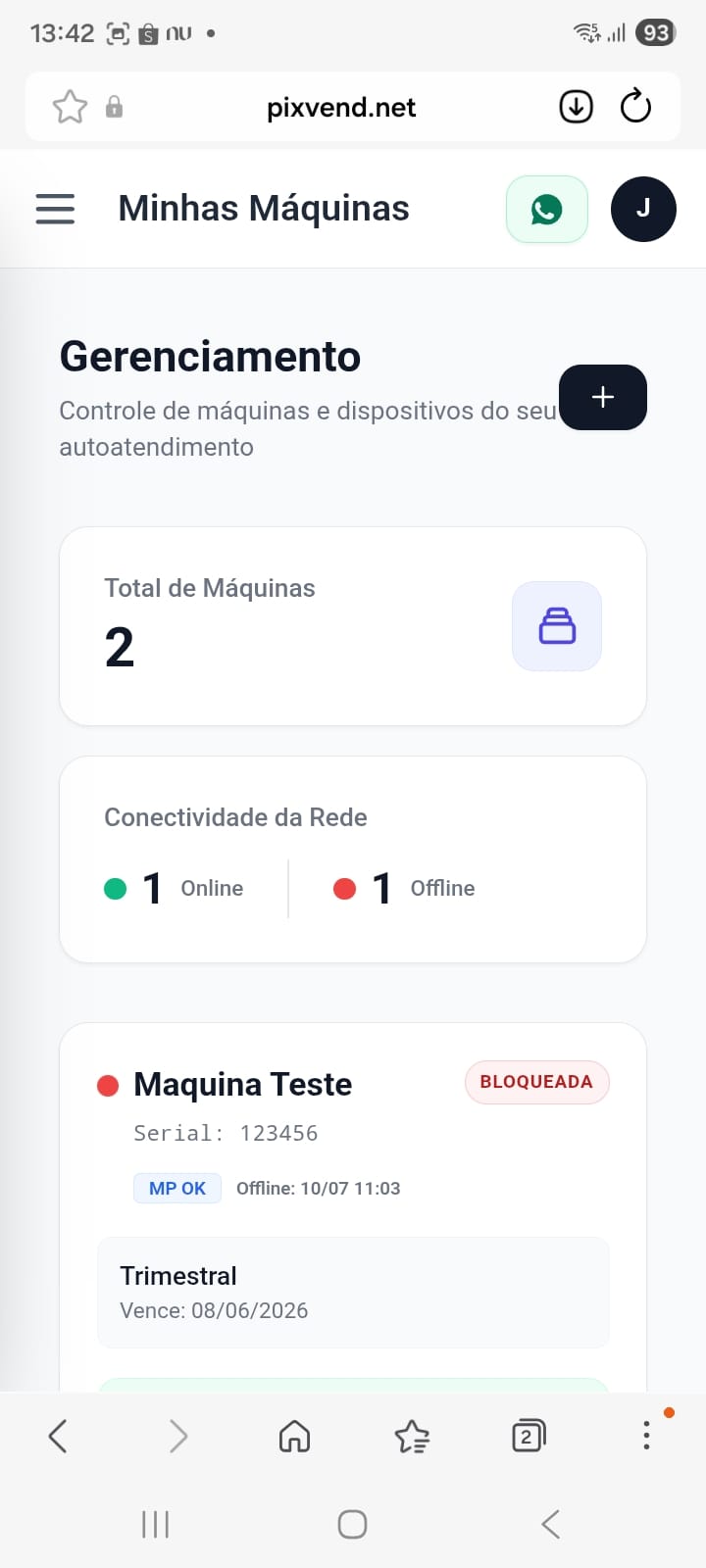 Menu do sistema PixVend para gerenciamento e telemetria