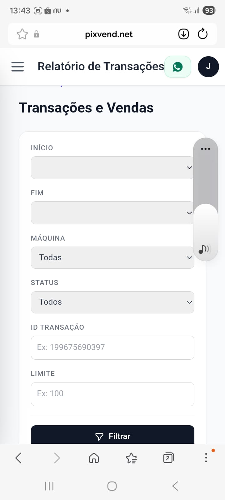 Painel de controle online e offline das máquinas